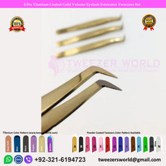 4 Pcs Titanium Coated Gold Volume Eyelash Extension Tweezers Set
