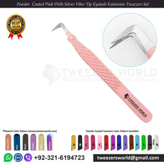 4 Pcs Powder Coated Pink With Silver Fiber Tip Eyelash Extension Tweezers Set