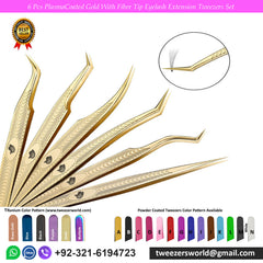 6 Pcs Plasma Coated Gold Fiber Tip Eyelash Extension Tweezers Set for Professionals