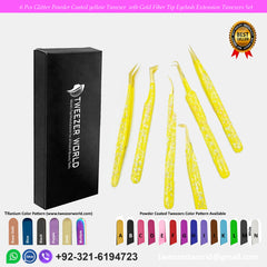 6 Pcs Glitter Powder Coated yellow Tweezer  with Gold Fiber Tip Eyelash Extension Tweezers Set