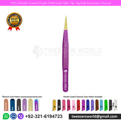 9 Pcs Powder Coated Purple Handle with Gold Fiber Tip Eyelash Extension Tweezers Set