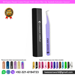 90 Degree Powder Coated Purple With Silver Fiber Tip Eyelash Extension Tweezer