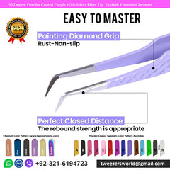 90 Degree Powder Coated Purple With Silver Fiber Tip Eyelash Extension Tweezer