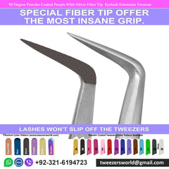 90 Degree Powder Coated Purple With Silver Fiber Tip Eyelash Extension Tweezer
