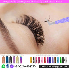 90 Degree Powder Coated Purple With Silver Fiber Tip Eyelash Extension Tweezer
