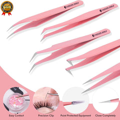 5 Pcs Powder Coated Pink Eyelash Extension Tweezers Set for Professionals