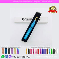 90 Degree Rounded Mega Volume Powder Coated Blue Handle with Gold Tip Eyelash Extension Tweezers