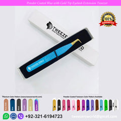 90 Degree Rounded Mega Volume Powder Coated Blue Handle with Gold Tip Eyelash Extension Tweezers