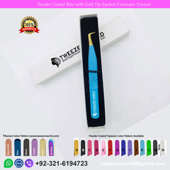 90 Degree Rounded Mega Volume Powder Coated Blue Handle with Gold Tip Eyelash Extension Tweezers