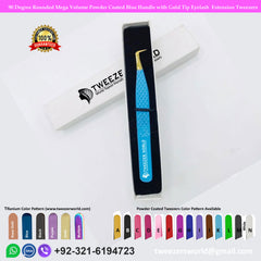 90 Degree Rounded Mega Volume Powder Coated Blue Handle with Gold Tip Eyelash Extension Tweezers