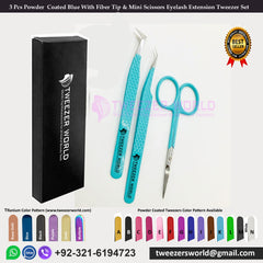 3 Pcs Powder Coated Blue With Fiber Tip & Mini Scissors Eyelash Extension Tweezer Set