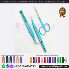 3 Pcs Powder Coated Blue With Fiber Tip & Mini Scissors Eyelash Extension Tweezer Set