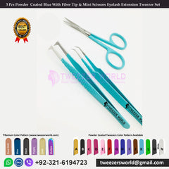 3 Pcs Powder Coated Blue With Fiber Tip & Mini Scissors Eyelash Extension Tweezer Set