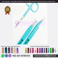3 Pcs Powder Coated Blue With Fiber Tip & Mini Scissors Eyelash Extension Tweezer Set
