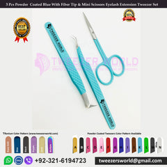 3 Pcs Powder Coated Blue With Fiber Tip & Mini Scissors Eyelash Extension Tweezer Set
