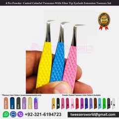 4 Pcs Powder Coated Colorful Tweezers With Fiber Tip Eyelash Extension Tweezer Set