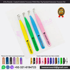 4 Pcs Powder Coated Colorful Tweezers With Fiber Tip Eyelash Extension Tweezer Set