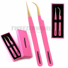 TWEEZER WORLD Pink Lash Extension Tweezers 2pcs Set