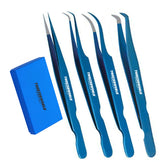 TWEEZER WORLD Tweezers for Eyelashes Fiber Tip Blue 4pcs Set