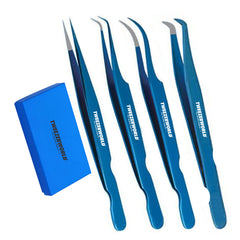 TWEEZER WORLD Tweezers for Eyelashes Fiber Tip Blue 4pcs Set
