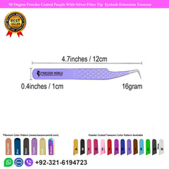 90 Degree Powder Coated Purple With Silver Fiber Tip Eyelash Extension Tweezer