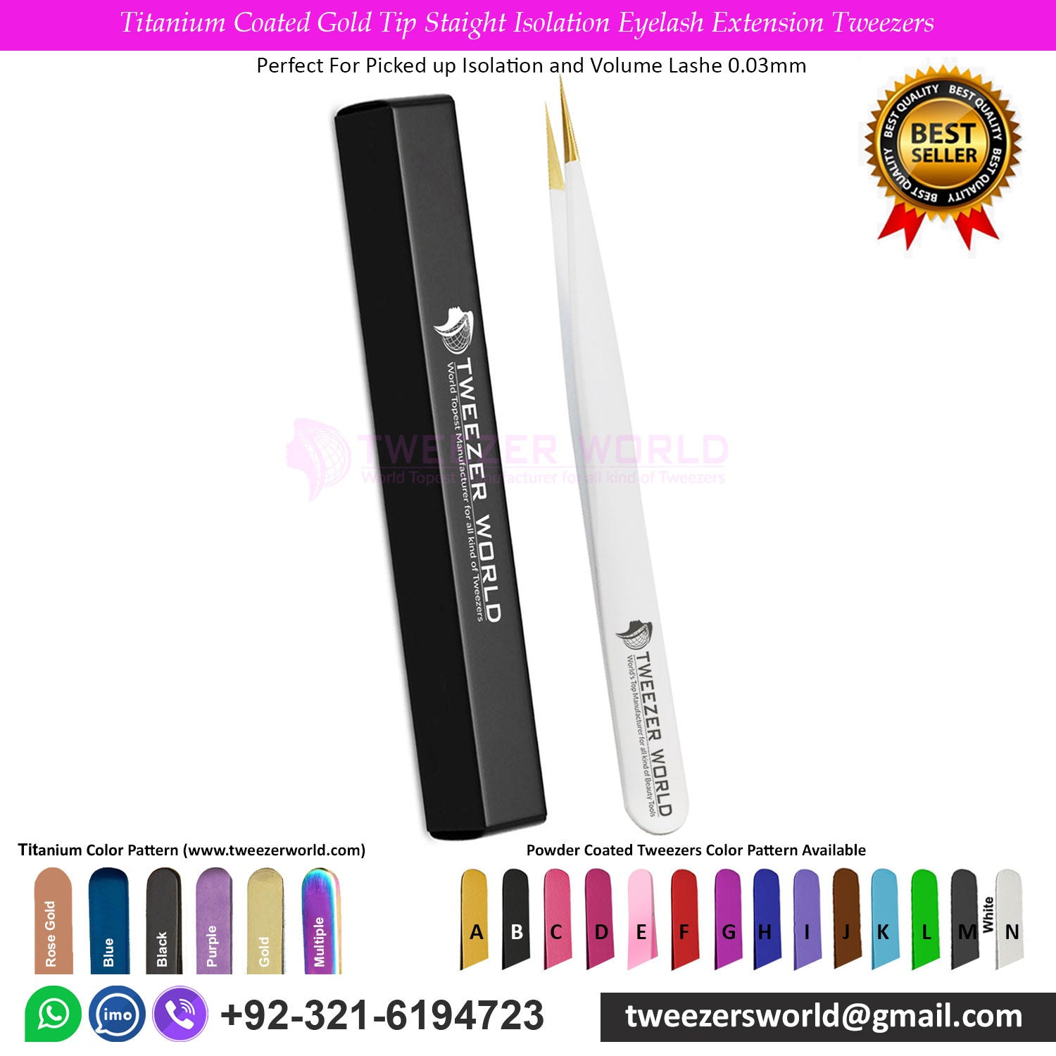 Titanium Coated Gold Tip Straight Isolation Eyelash Extension Tweezers Store TWEEZER WORLD