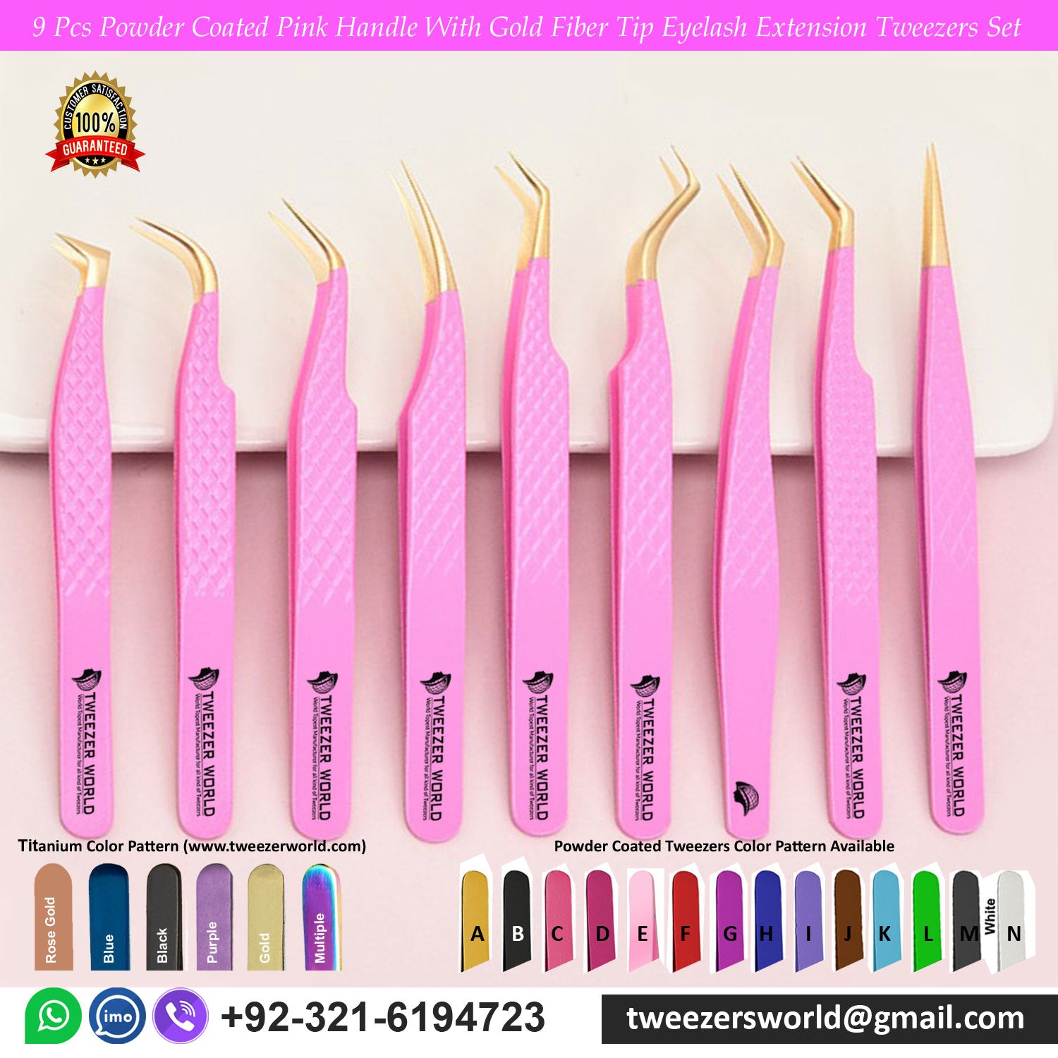 Tweezers Lash Extensions 9pcs Pink Gold Tip Set - TWEEZER WORLD