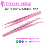 Quality Pink 2pcs Eyelash Volume Tweezers Straight Curved Silver Tip