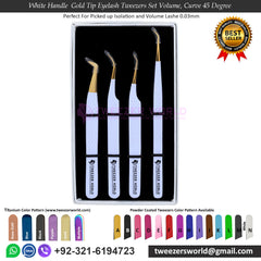White Handle Gold Tip Eyelash Tweezers Set Volume Curve 45 Angled - TWEEZER WORLD