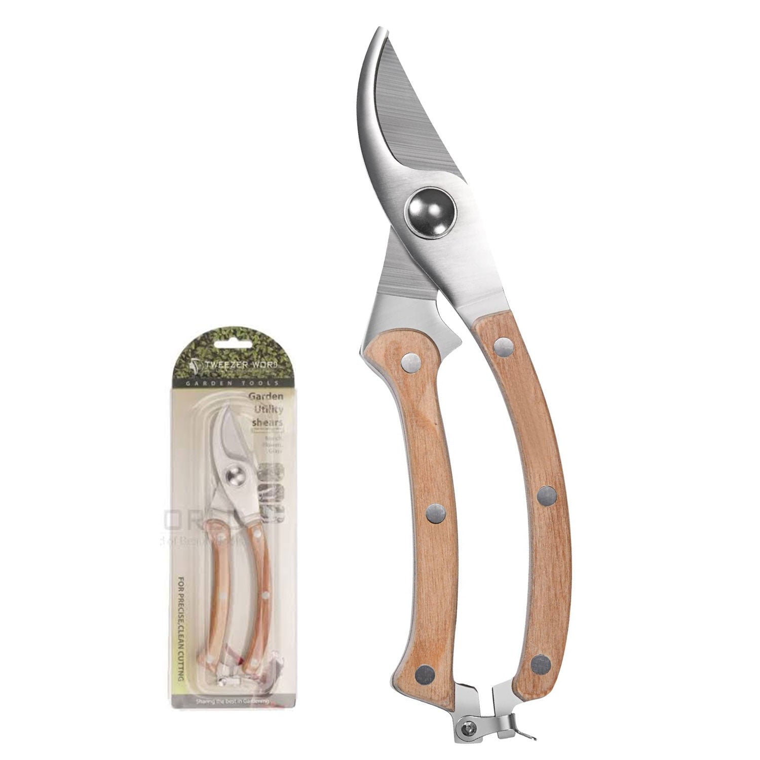 Wood handle garden pruning shears with stainless steel blades by TWEEZER WORLD