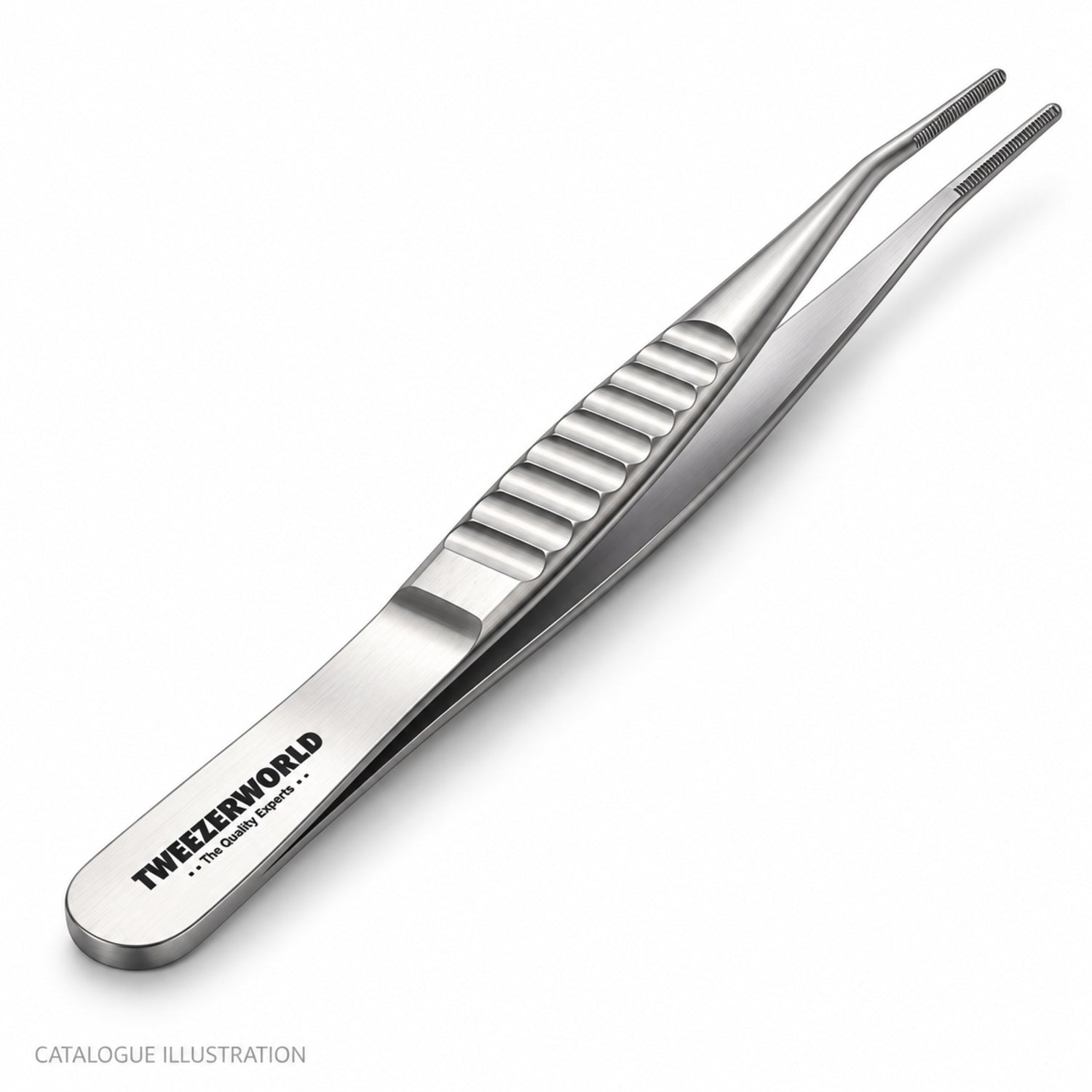 TWEEZER WORLD DeBakey angled forceps, tail detail view — catalogue illustration; sample geometry pending verification