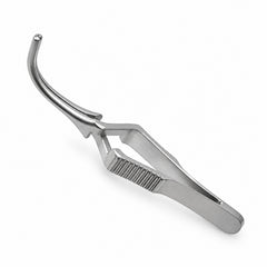 DeBakey Cross-Action Bulldog Clamp – Curved, 25 mm — catalogue illustration on white background