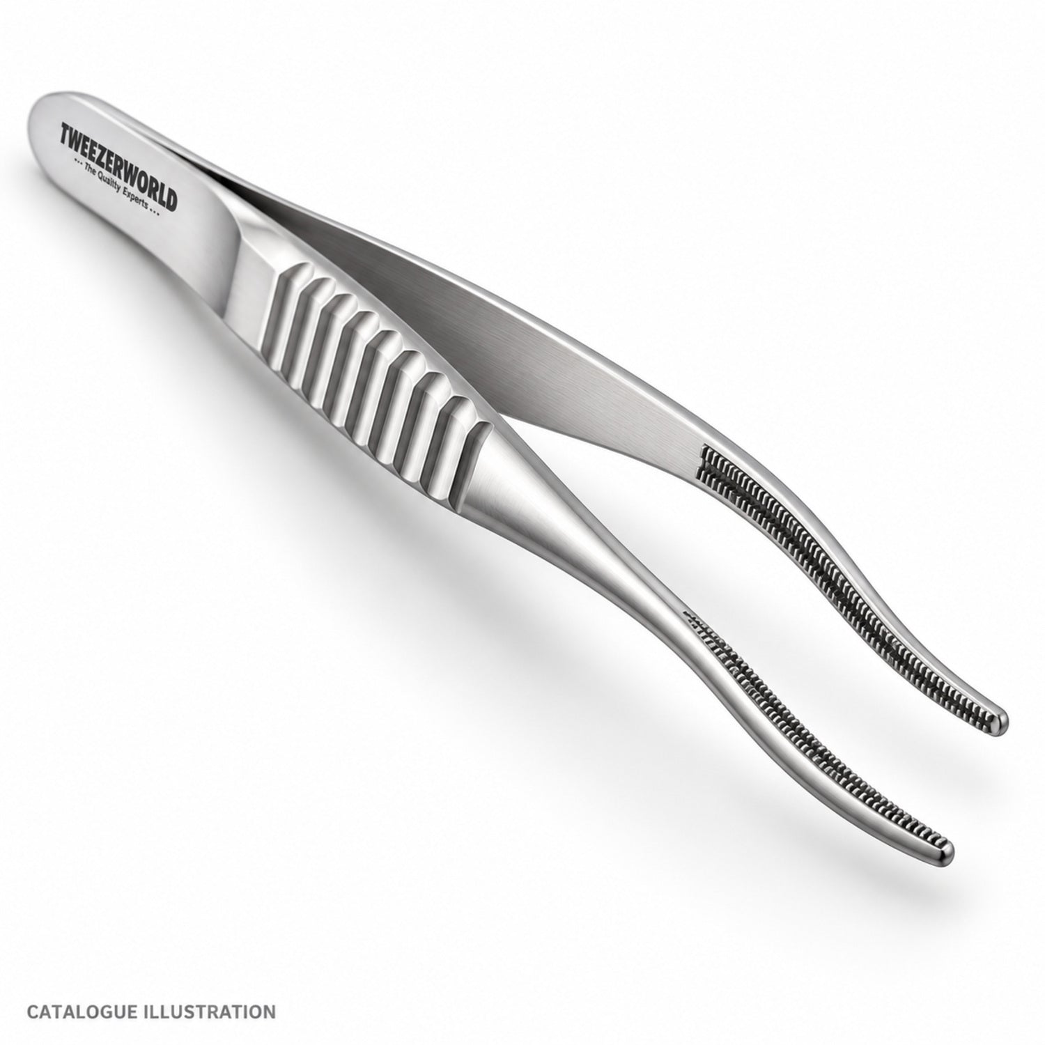 TWEEZER WORLD DeBakey curved forceps, tip detail view — catalogue illustration; sample geometry pending verification