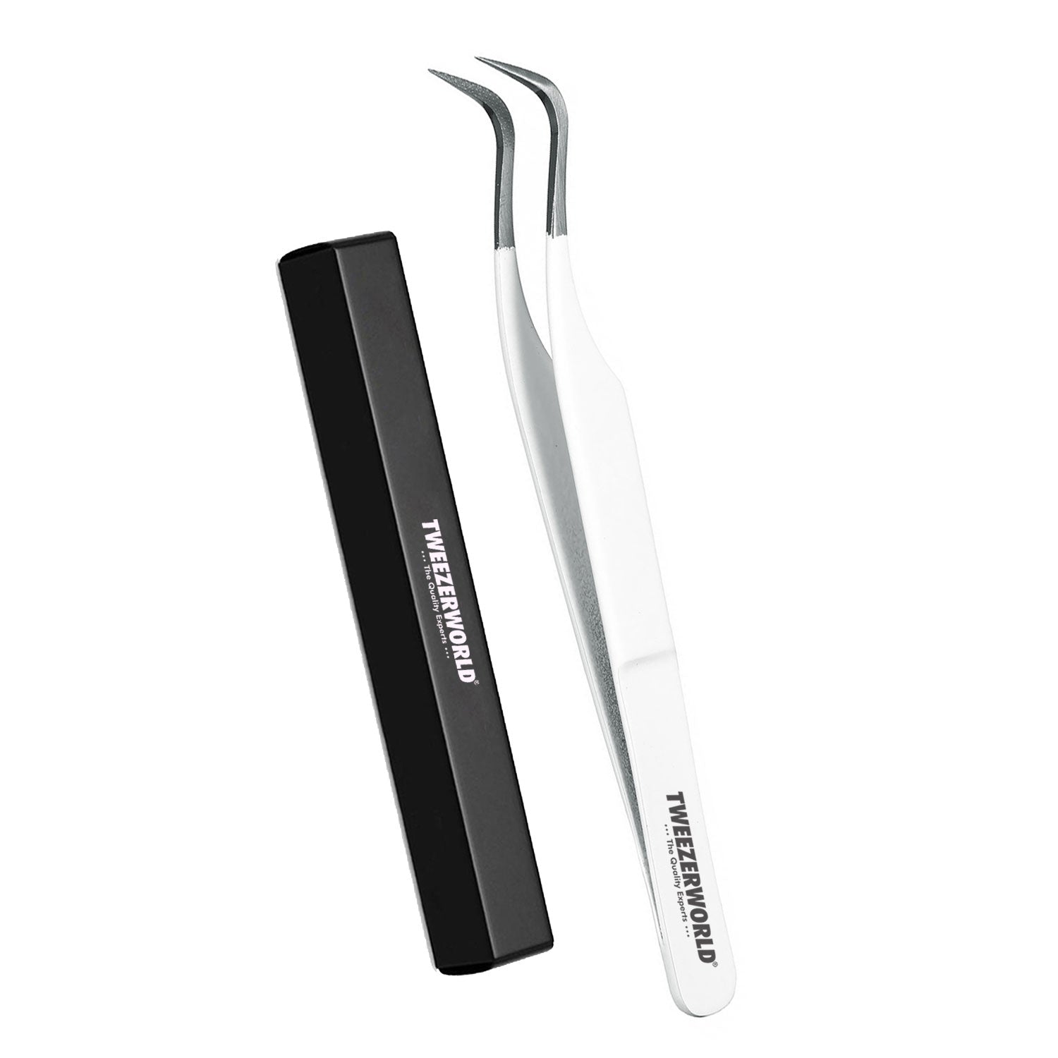 White Fine Bent Pointed Curved Lash Tweezers - TWEEZER WORLD