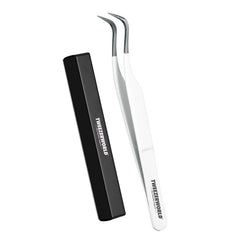 White Fine Bent Pointed Curved Lash Tweezers - TWEEZER WORLD