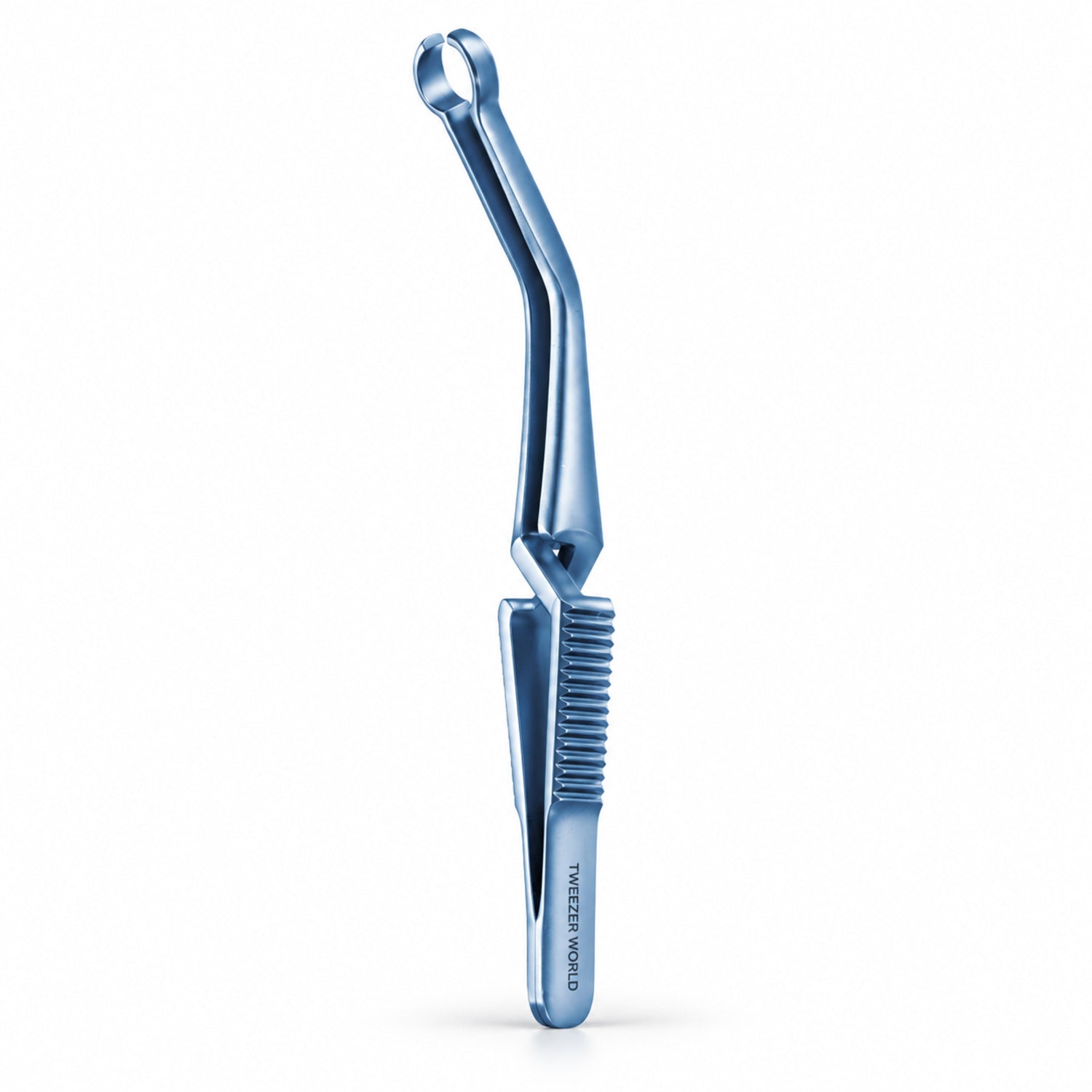 French-Type Shunt Bulldog Clamp – Angled Ring Jaw, Blue Finish — side profile catalogue illustration