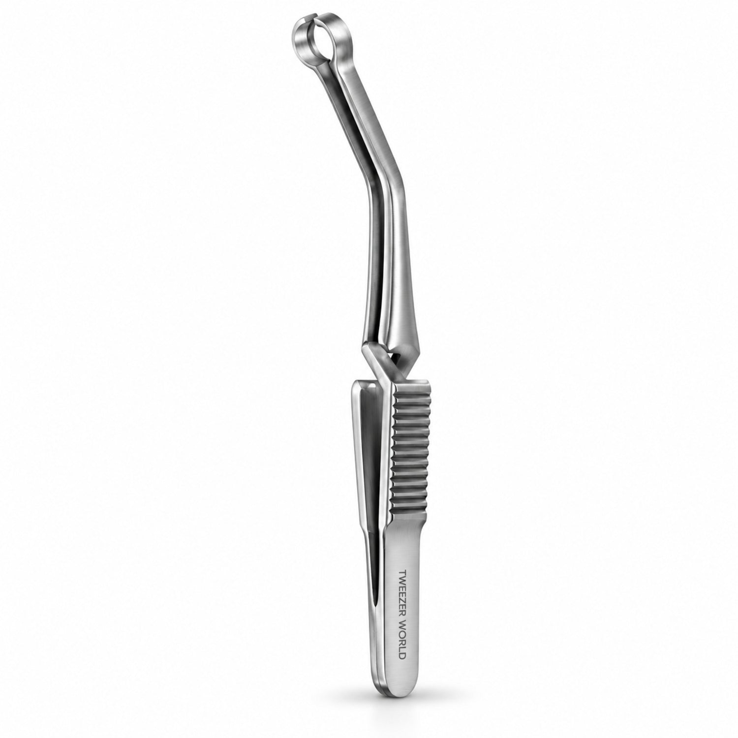 French-Type Shunt Bulldog Clamp – Angled Ring Jaw, Silver Finish — side profile catalogue illustration