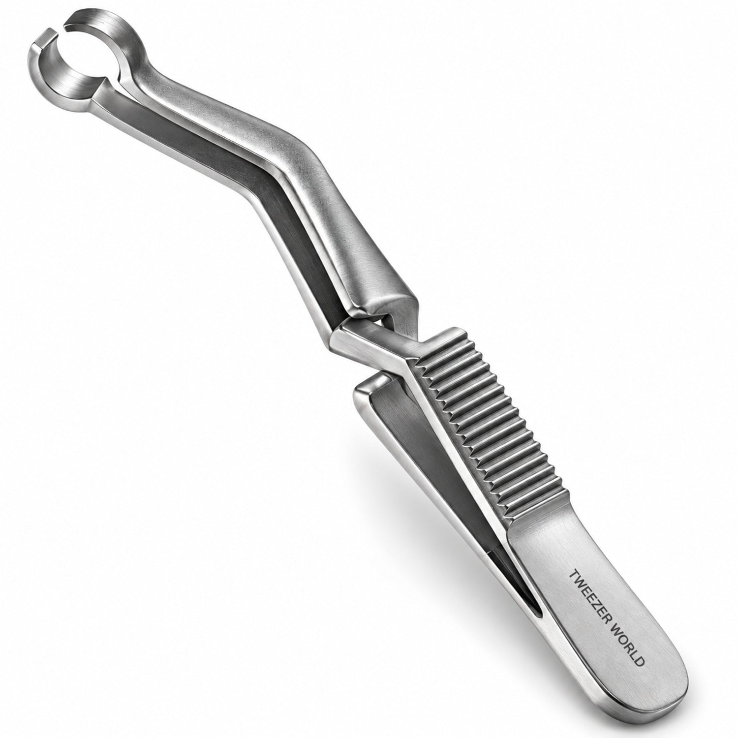 French-Type Shunt Bulldog Clamp – Angled Ring Jaw, Silver Finish — jaw detail catalogue illustration