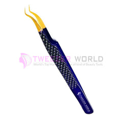 Diamond Grip Curved Angled Gold Tip Blue Lash Tweezers