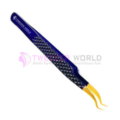 Diamond Grip Curved Angled Gold Tip Blue Lash Tweezers