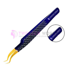 Diamond Grip Curved Angled Gold Tip Blue Lash Tweezers