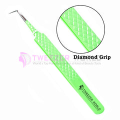 90 Degree Diamond Grip Green Handle Eyelash Extension Tweezers