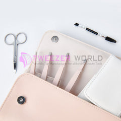 6cs Light Pink Eyebrow Hair Removal Tweezers Set With Scissor & Brush