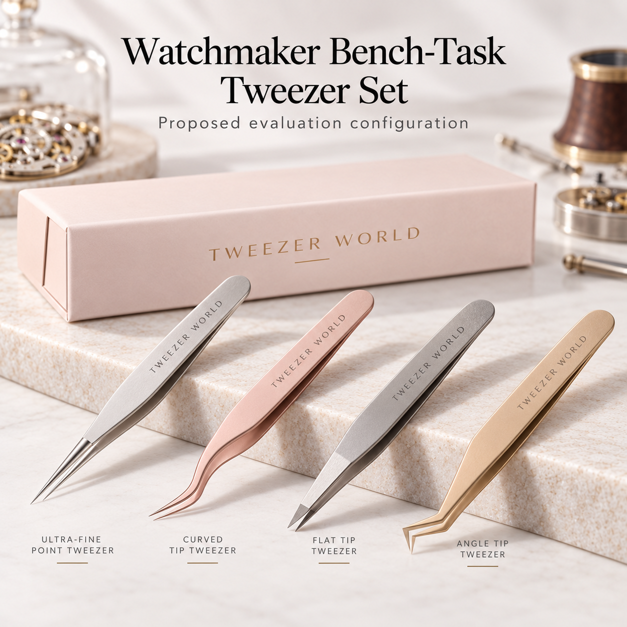 Watchmaker Bench-Task Tweezer Set — proposed configuration (AI-generated concept illustration, not verified production product)
