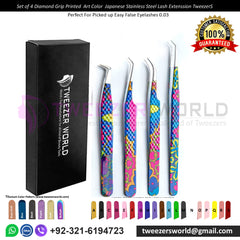 Set of 4 Diamond Grip Printed Art Color Stainless Steel Tweezers