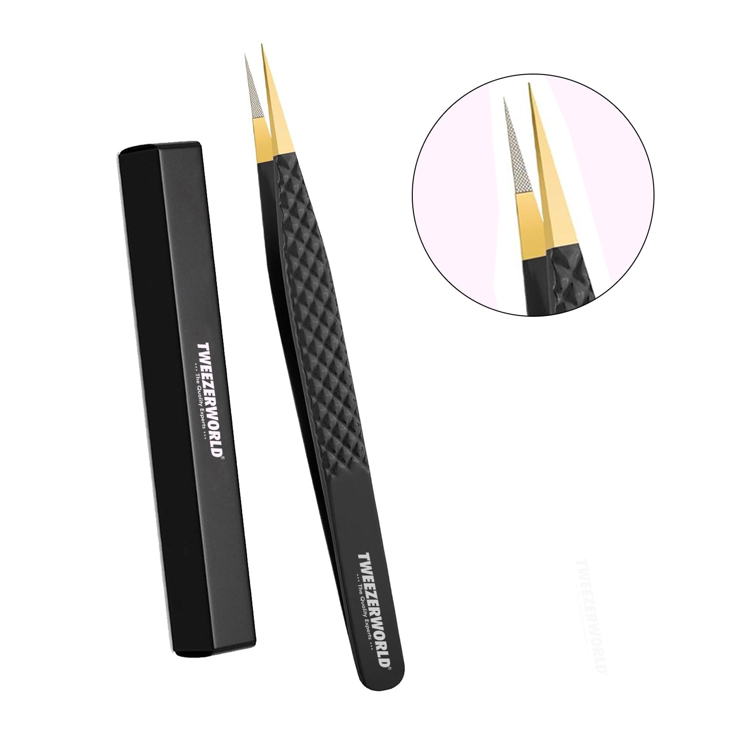 Straight tweezers gold black fiber tip TWEEZER WORLD