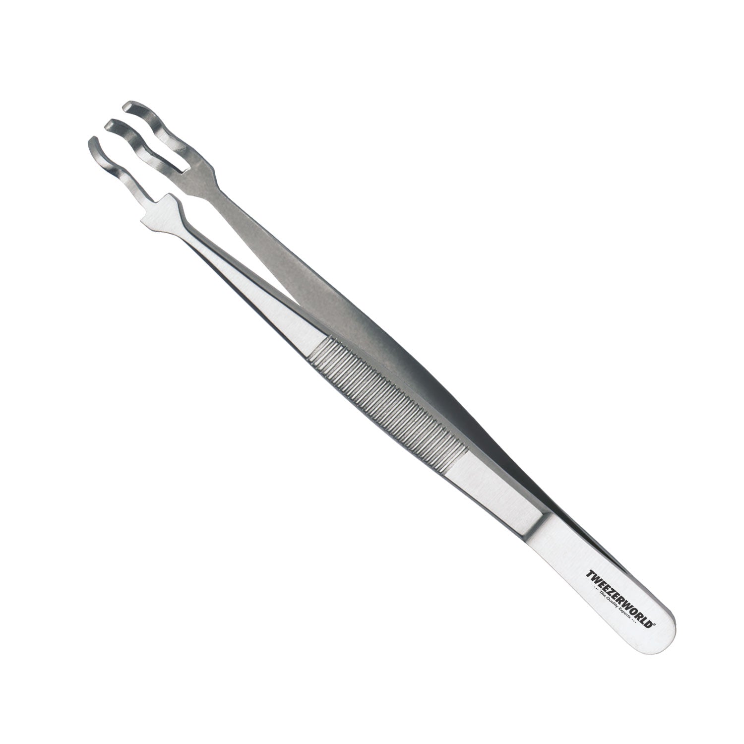 Three-prong gemstone holding tweezers with long curved claw tips and ribbed handle