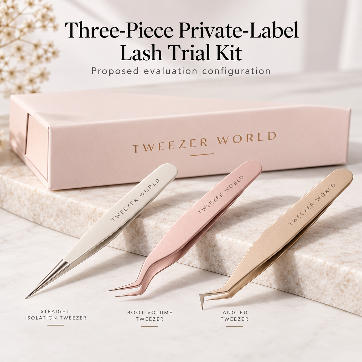 Three-Piece Private-Label Lash Trial Kit — proposed configuration (AI-generated concept illustration, not verified production product)