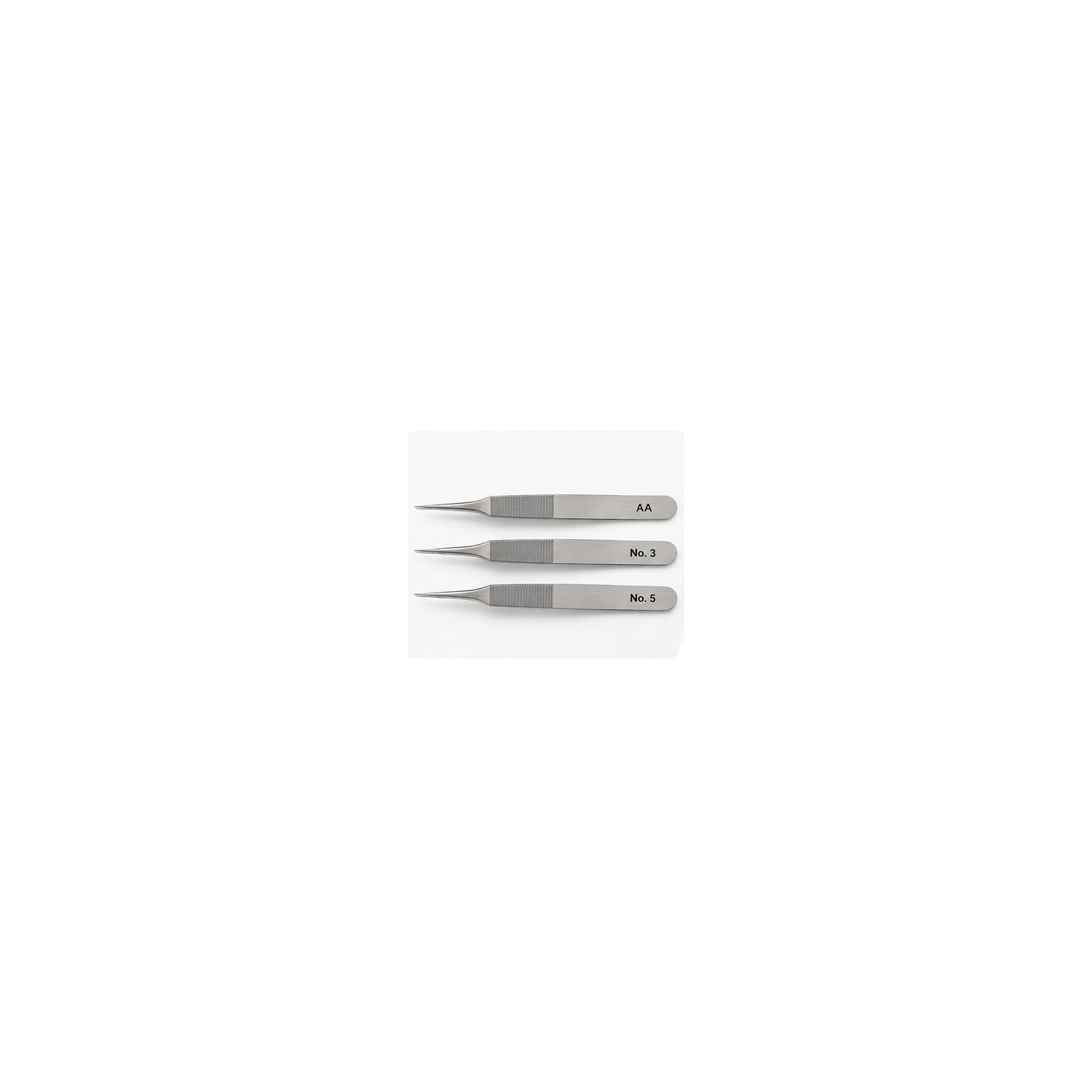 Concept presentation of three watchmaker tweezer patterns AA No. 3 No. 5