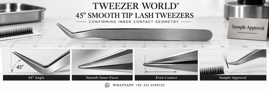 45-degree smooth-tip lash tweezers showing inner-face geometry, even contact and sample approval checks.